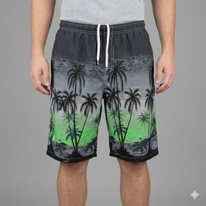 Banana Split U.S.A. Palm Tree Gradient Swim Trunks Size L Gray Green